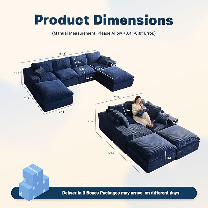 137.8” Sectional Couches for Living Room, Set of Cloud Couch, Modular Sectional Sofa, Convertible Sofas Bed, Deep Seat Sofa, U Shaped Cozy Sofa Furniture Set, Corduroy,Blue