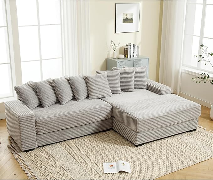 111 Inch Corduroy Sectional Couches for Living Room | L-Shaped Sectional Couch with 8 Pillows | Cloud Couch with Deep Seat | Solid Wood Frame Sofa Light Grey (Right Facing Chaise)