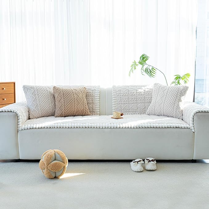 Sofa Pad, Plush Couch Cover Washable for Pet, Non-Slip Warm Couchs Cover, Funny Fuzzy Pet Couch Covers for Sofa, Sofa Slipcovers Furniture Covers for L Shaped(Beige White 27.6"x 82.7")