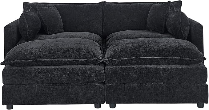 Setawix Deep Loveseat Couch with Ottomans,Large 2 Seater Lounger Cloud Couches for Living Room,77.16" Chenille Cloud Sofas with Deep Seat,Modular Sectional Sleeper Sofa for Bedroom (Black, 2+2)