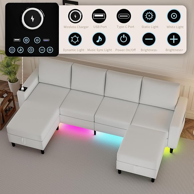 U Shaped Sectional Couches for Living Room, 109" Linen Cloud Couch with Chaise Lounge/Storage Ottoman, 4 Seat Sectional Sofa with Smart Module-Wireless Charging/USB/Type-C/RGB Lights (White)