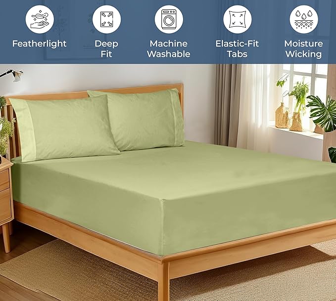 Royale Linens 100% Organic Cotton Fitted Sheet - Percale Weave - Super Soft Deep Pocket Bottom Sheets - Sage Green Elastic Sheet Queen Size - Queen Fitted Sheets Only - (60"x80"+15", Sage Green)