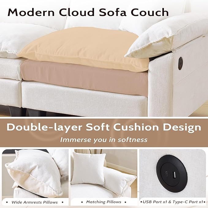 138" Modular Sectional Couch, U Shaped Comfy Cloud Couch with Ottoman and Throw Pillows, Modern Chenille Sofa Sleeper Deep Seat Sofa Couched for Living Room,Apartment(Beige)