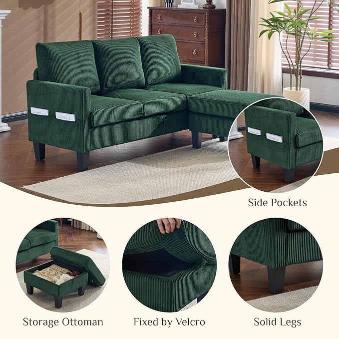 Karl home Small Sectional Couch L Shaped Sofa with Movable Storage Ottoman Corduroy Upholostered Sofa Chaise with Side Pockets for Living Room, Apartment, Studio, Green