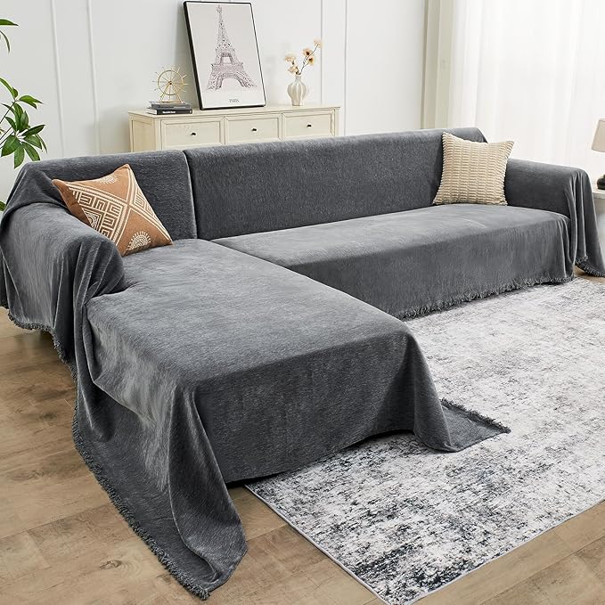 Sectional Couch Covers, 2 Pieces Chenille Sofa Cover L Shaped Couch Cover Blanket for Dogs Washable Sofa Slipcovers Pet Furniture Protector (XX-Large: 71" x 118" + 71" x 118", Dark Gray)