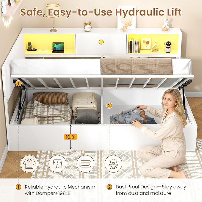 Hasuit Corner Twin Lift Up Storage Bed Frame with Charging Station & LED Lights, Twin Day Bed with Upholstered Headboard and Bookcase, Corner Beds with Hydraulic for Kids Teens Guests, White