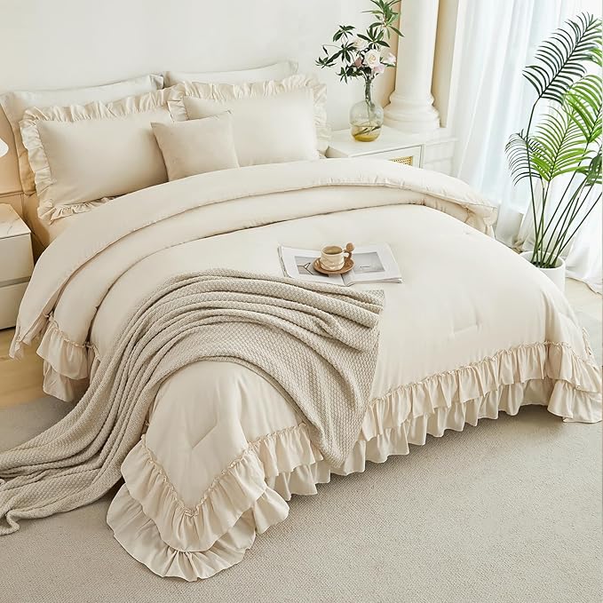 ANGIYUIN 5Pcs Beige Full Ruffle Bed in A Bag Double Ruffled Comforter Sets Solid Farmhouse Bedding Set for Girls Women Soft Lightweight Fluffy Girls Bed Sets with Sheet Sets(Beige Full)