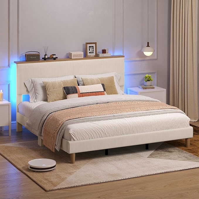 Bestier King Bed Frame with Adjustable Headboard & LED Lighting, Corduroy Upholstered Platform Bed Frame with Storage Shelf, Solid Wood Slats, No Box Spring Needed, Never Squeak, Easy Assembly, Beige