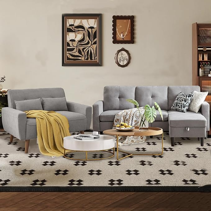 Convertible Sectional Sofa Set, Small L Shaped 3-Seat Couch with Reversible Chaise and Loveseat Sofa, Modern Polyester Sofas Couches for Living Room, Light Grey | L Shaped 3-Seat, Reversible Chaise, Loveseat Sofa, Modern Polyester, For Living Room