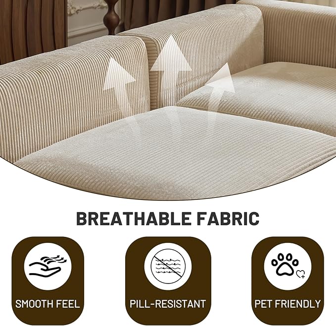 Karl home Modular Cloud Couch with Ottoman 112.2" Corduroy Sectional Sofa L-Shaped Modern Sofa Couch with Pillows for Living Room, Bedroom, Apartment, Creamy