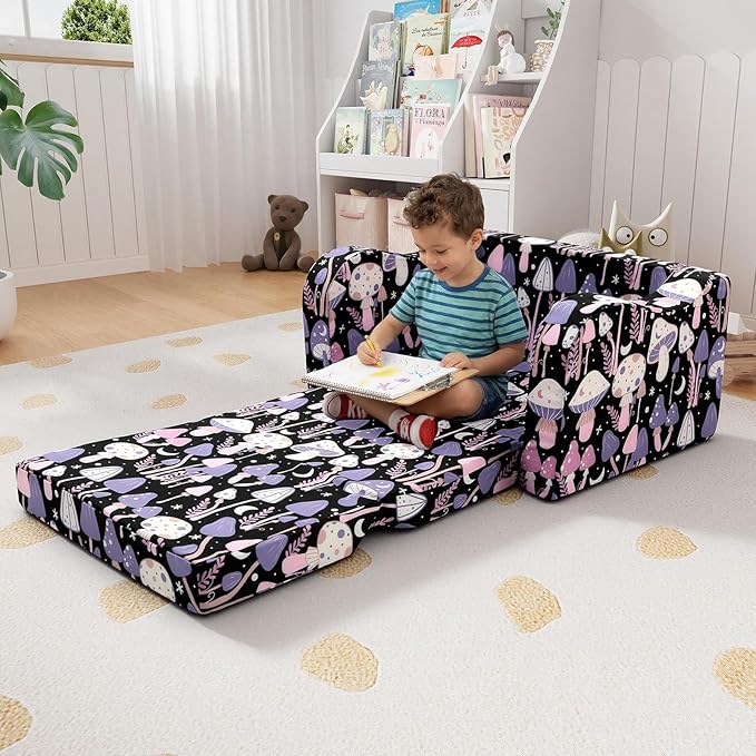 MeMoreCool Toddler Couch Chair – Foldable Kids Sofa for Ages 1–3, Fold-Out Bed with Side Pocket, Comfy & Washable Detachable Cover | Cute Patterns | Lightweight Lounger for Playroom, Naptime, Gifting