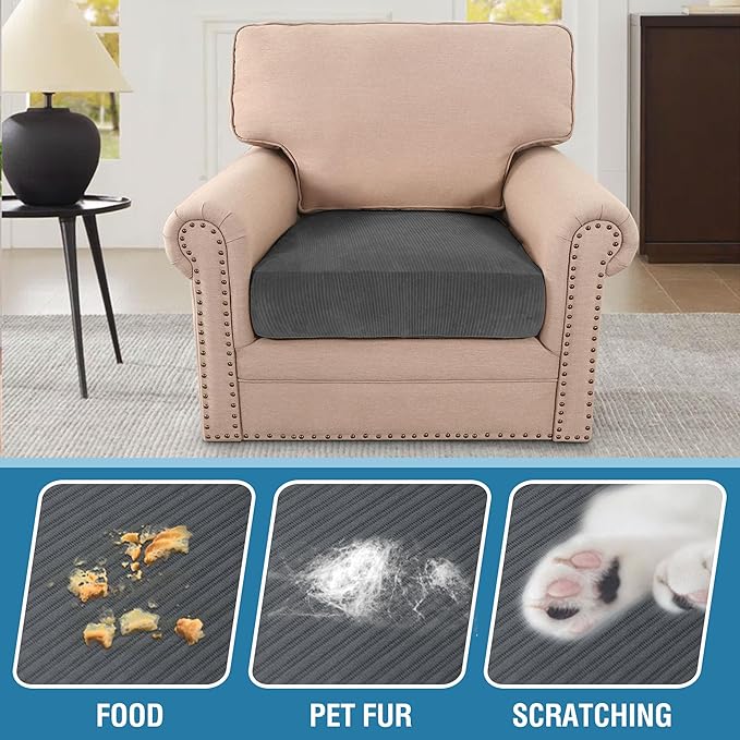 H.VERSAILTEX Velvet Stretch Couch Cushion Cover Plush Cushion Slipcover for Chair Cushion Furniture Protector Seat Cushion Sofa Cover (1 Piece Armchair Cushion Covers, Grey Striped)