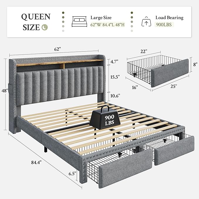 EnHomee Queen Size Bed Frame with 2 Storage Drawers Upholstered Queen Bed Frame with Headboard Solid Wood Slats,No Box Spring Needed,Noise-Free Extra Storage Space for Bedroom Apartment, Grey