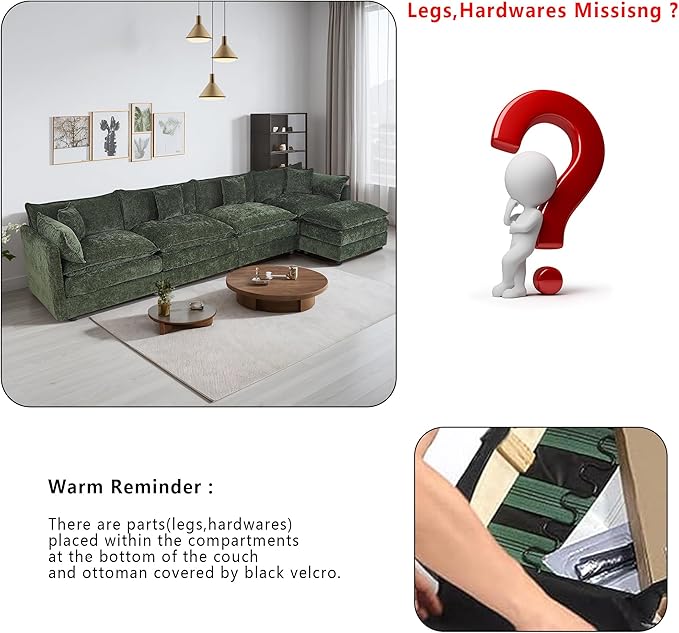 Setawix Deep 4 Seater Couch with Ottoman,147.22" L-Shaped Cloud Couches for Living Room,Chenille Cloud Sofa Couch with Deep Seat,Modular Sectional L Shape 4 Seat Sofa for Bedroom (Green, 4+1)