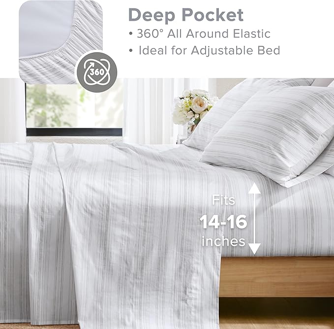 Comfort Spaces 100% Cotton Sheets Cal King, Breathable, Naturally Cool Cotton Sheets, Cotton Bed Sheets with 14" Elastic Pocket Fits up to 16" Mattress, All Seasons Sheet Set, Good Vibes Grey 4 Piece