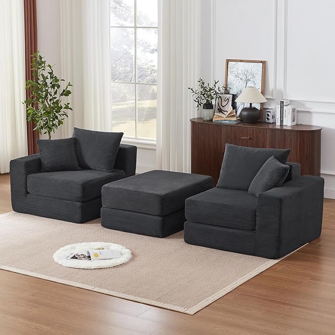Modular Loveseat L Shaped Sofa,Boneless Cloud Couch with Ottoman (Deep Gray) | Freely Combination, No Assemble Required, Modular Design, Breathable Fabric, Convertible to Bed, Futon Bed