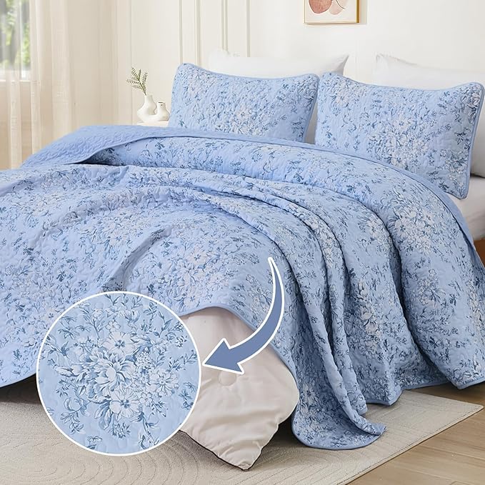 WONGS BEDDING Quilt Queen Size, Blue Quilt Bedding Set with 2 Pillowcases, Botanical Quilt for Queen Bed, Soft Microfiber Lightweight Coverlet Bedspread for All Season (96"×90", 3 Pieces)