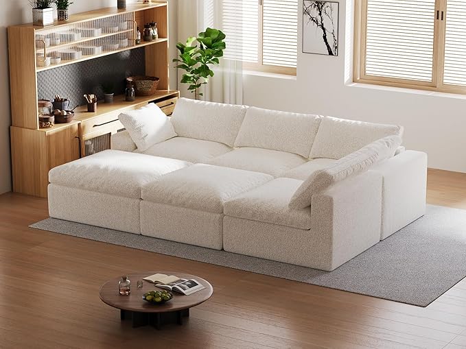 140’’ Oversized Boneless Couch for Living Room, Cloud Couch Modular Sectional Free Combination with Ottoman Washable Cushion Cover, No Assembly Required, White (4-Seat + 2 Ottoman)