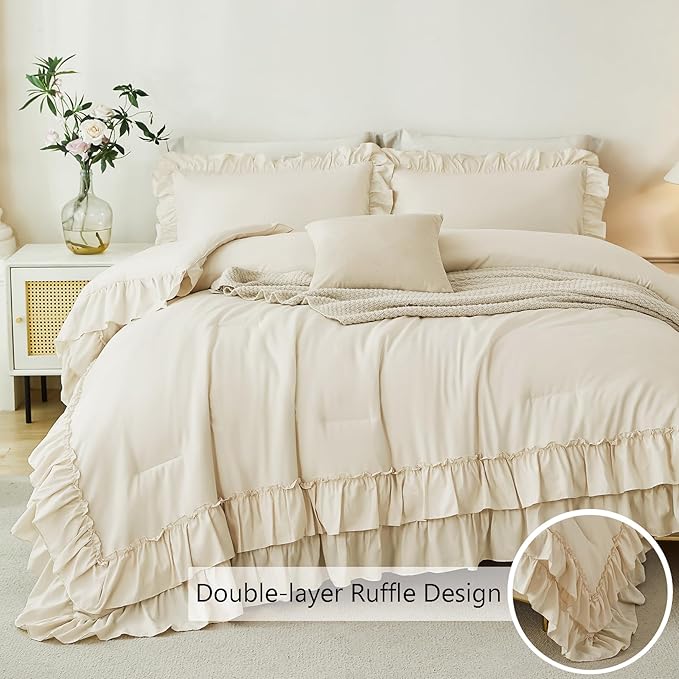 ANGIYUIN 5Pcs Beige Ruffled Comforter Set Queen Double-Layer Ruffle Bedding Comforter Set for Women Girls Fluffy Shabby Chic Bed in a Bag with Sheets(Beige Queen)