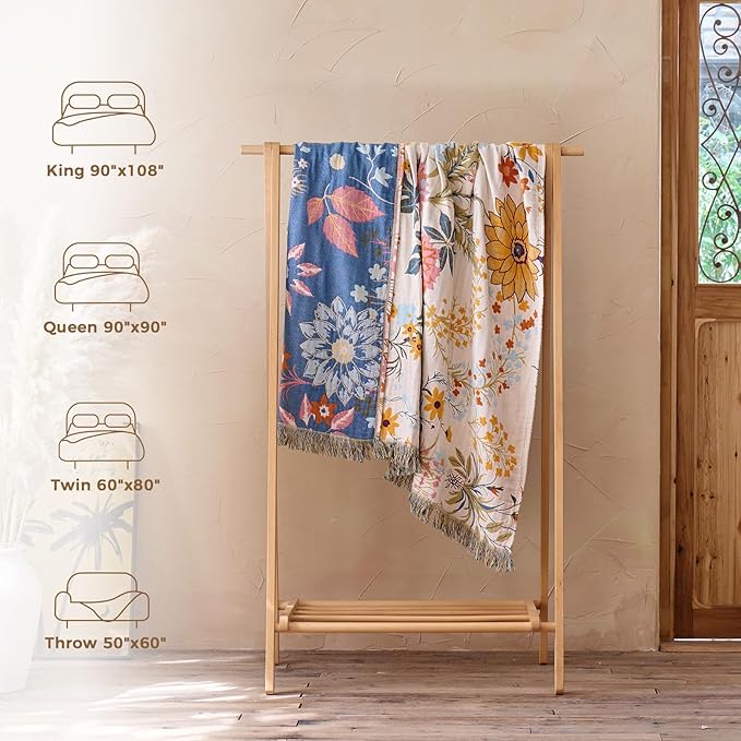 LUTBM Boho Throw Blanket for Bed Cotton Spring Blankets Twin Size for Bedroom Living Room All Season Lightweight Floral Embroidery Reversible Quilt for Couch Sofa Chair 60"x80" Home Decor