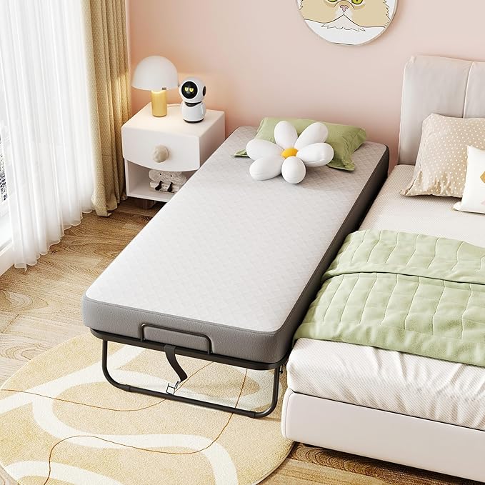 Folding Bed with Mattress, 75" x 31" Rollaway Bed with Memory Foam Mattress for Adults, Portable Foldable Guest Bed with Metal Frame, Luxury Single Bed for Home& Office Space Saving