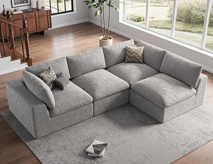 120" Cloud Sectional Couch | Oversize Boneless Couches for Living Room | 4 Seater L-Shape Sofa | Light Grey
