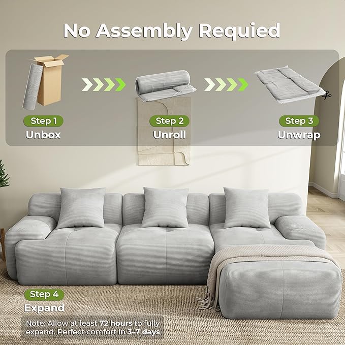 LIKIMIO LumiCord Modular Sectional Sofa with Ottoman, 118" L-Shaped Boneless Couch for Living Room, Oversized Deep Seat with Corduroy Upholstery, No Assembly Required, Grey