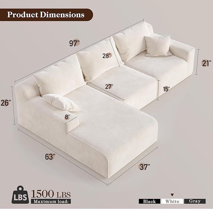 97”Modular Sectional Sofa, Cloud Sectional Couch with Deep Seat, Modern Modular L-Shape Sofa Couch, Upholstered Boneless Couches for Living Room Bedroom (White Check, Left Facing Chaise)