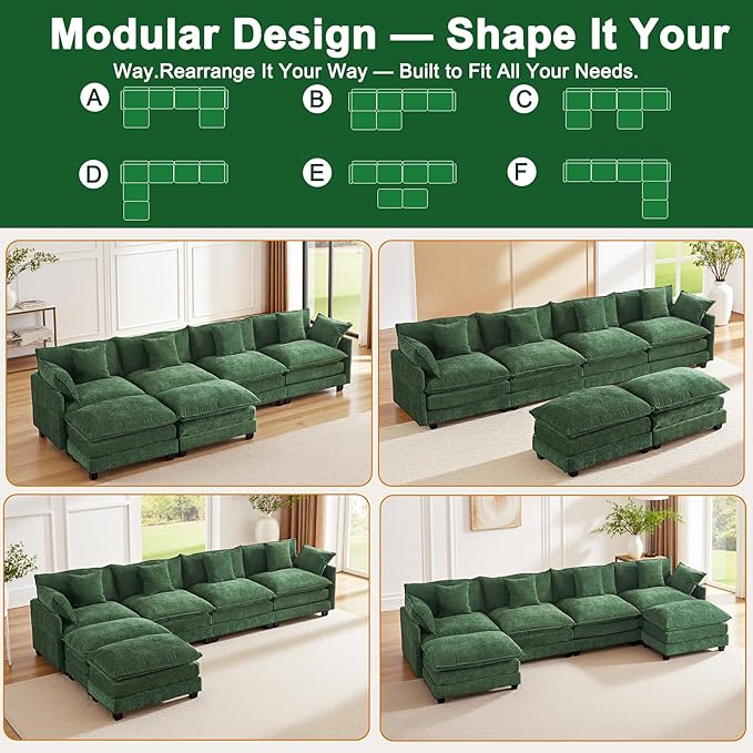 U-Shaped Cloud Chenille Sofa Sectional Couch with 2 Ottomans, 146" Modular Sofa for Large Spaces, Ultimate Comfort with Deep Seats & Pillows, Solid Frame, 1YR Warranty