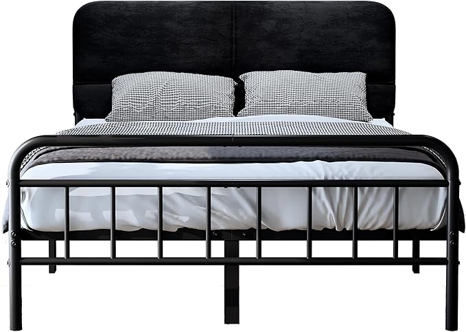 14Inch Metal Bed Frame,King Size Bed Frame with Upholstered Headboard,Heavy Duty Sturdy Mattress Foundation,Easy Assembly,No Box Spring Needed,Black-King