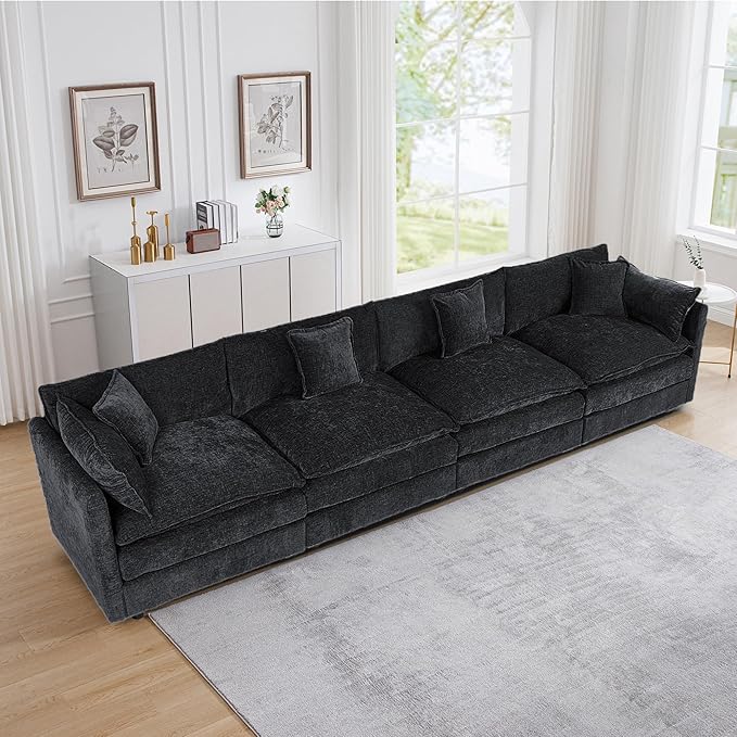 Setawix Chenille Cloud Couches for Living Room,4 Seater Cloud Sofa Couch with Deep Seat,147.22" Roomy Cloud Sofas,Modular Sectional 4 Seat Sofa with Pillows for Bedroom (Black, 4 Seater)