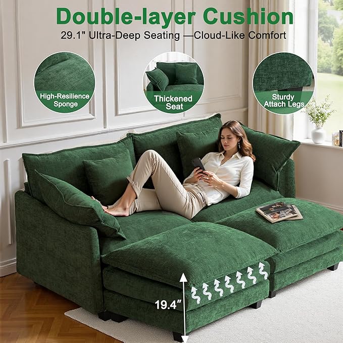 Expandable L-Shaped Sectional Sofa with Ottoman for Apartments, 77" Cloud Chenille Couch, Create a U-Shape Layout with Optional 2nd Ottoman, Solid Wood Frame, Easy Assembly