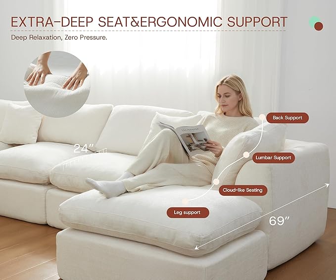 110'' Oversized Cloud Sectional Boneless Couch for Living Room, Modern Big Compressed L Shape Couch with Ottoman & 2 Throw Pillows, Chenille Deep Seat Memory Foam Spineless 4 Seater Sofa,Beige | Premium Chenille, Cloud-Like Comfort, Versatile Style, Wa...