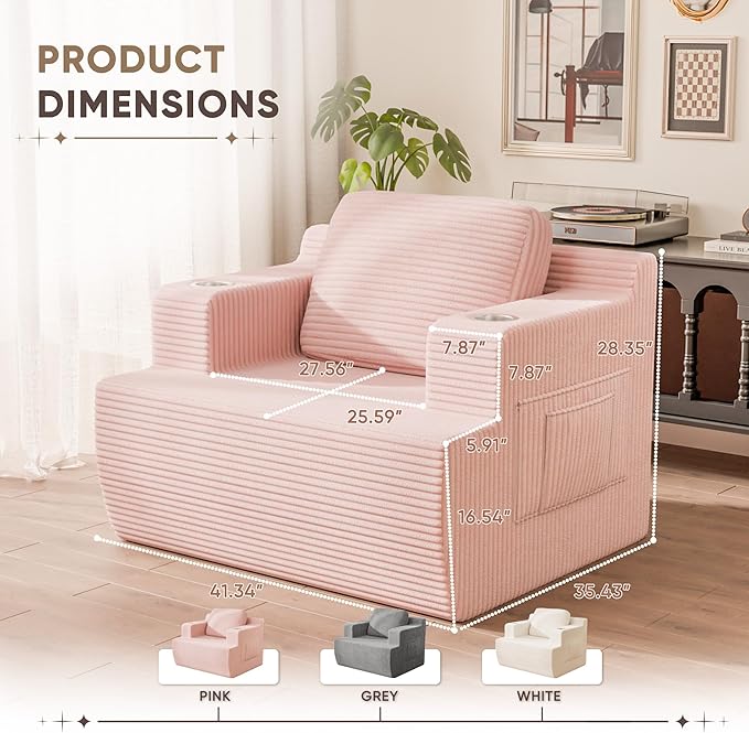 Homall 42” Single Sofa Foam Couch for Small Spaces Upholstered Floor Sofa with Cup Holder & Storage Pocket Boneless Couch for Bedroom Living Room (Pink, Single)