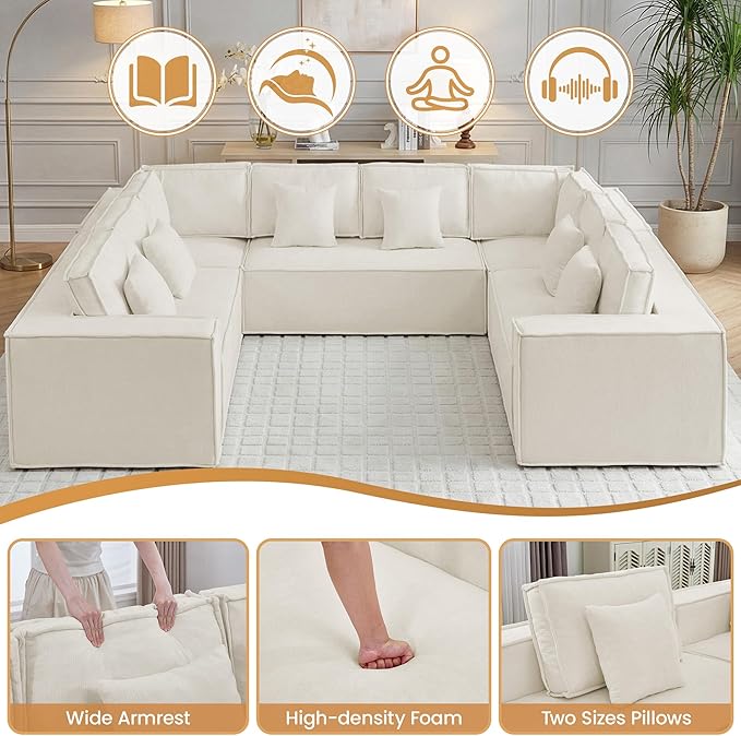 138'' Boneless Chenille U Shaped Couch, Oversized Modular Sectional 8 Seater Sofa, Modern Deep Seat Corner Cloud Compressed Couch, No Assembly Sleeper Sofa with Chaise for Living Room, Beige