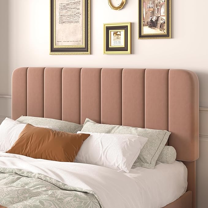 VECELO Queen Size Bed Frame with Upholstered Headboard, Velvet Platform Bedframe Mattress Foundation, Strong Wood Slat Support, No Box Spring Needed,Tan Brown