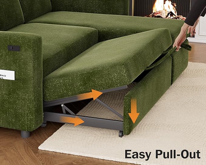 Vipbear 106" Sectional Sleeper Sofa with Pull Out Bed, U Shaped Couch Sleeper Sofa Bed, Pull Out Couch with Reclining Backrest, Double Storage Chaise, USB Ports, Tool-Free Assembly, Chenille Green