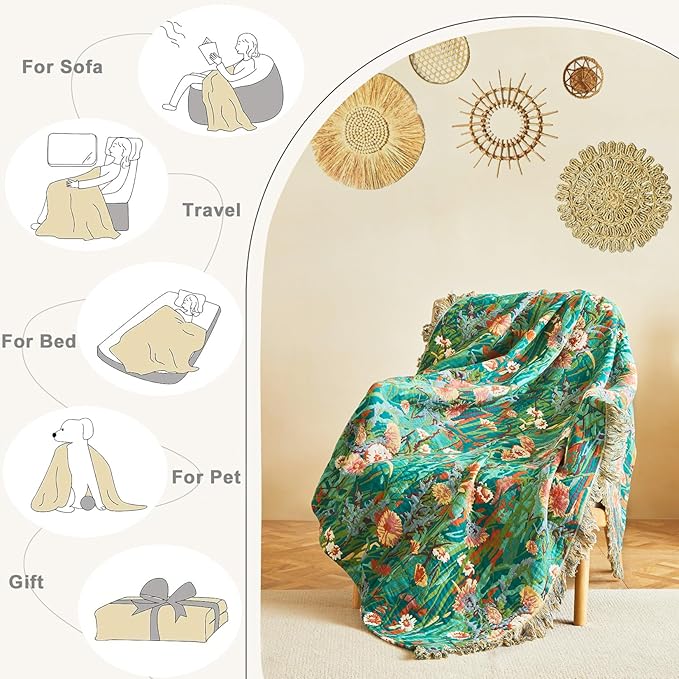 LUTBM Boho Throw Blanket for Bed Cotton Spring Blankets Twin Size for Bedroom Living Room All Season Lightweight Floral Embroidery Reversible Quilt for Couch Sofa Chair 60"x80" Home Decor
