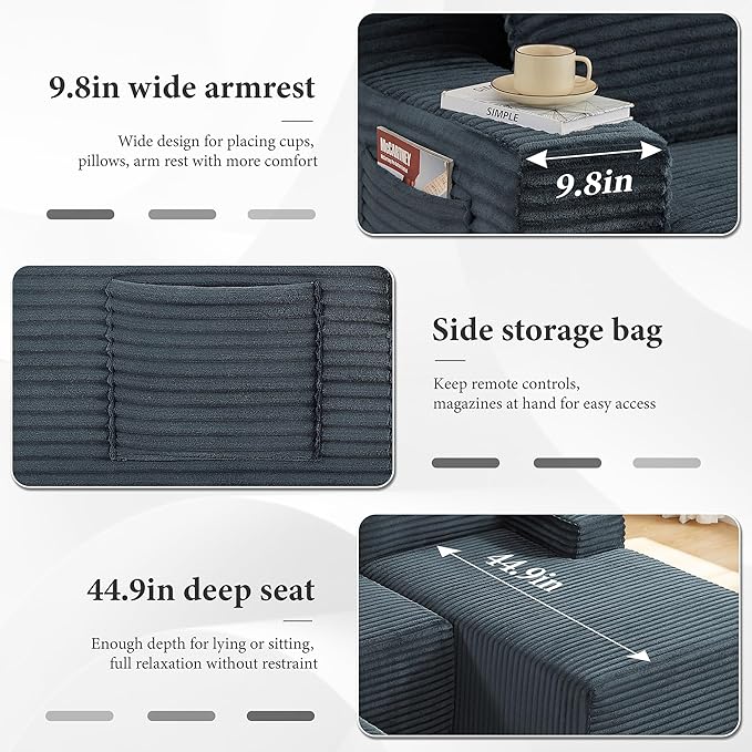 96" Sectional Couches for Living Room Cloud Couch Sofa with L-Shape Upholstered Boneless Couchs Modern Modular Sectional Couch with Chaise (Dark Grey, 96" W+Left Facing Chaise+2Seaters+Ottoman)