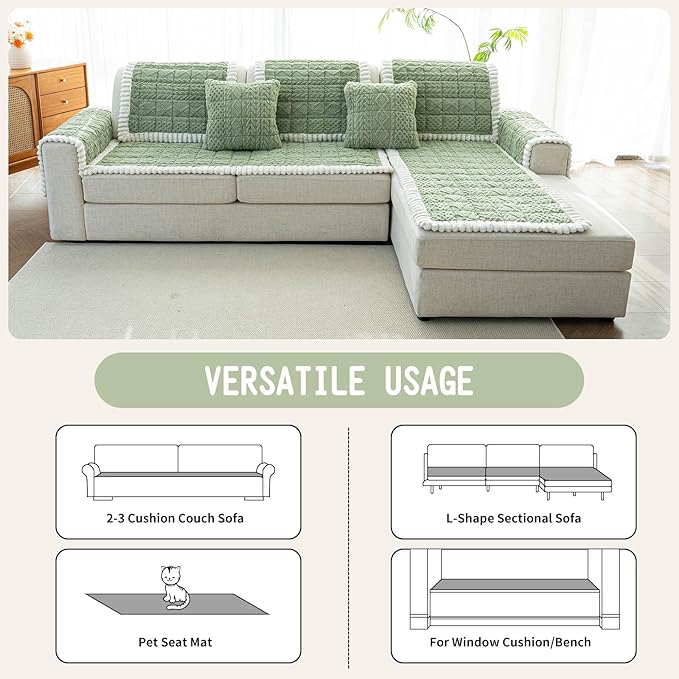 Sofa Pad, Plush Couch Cover Washable for Pet, Non-Slip Warm Couchs Cover, Funny Fuzzy Pet Couch Covers for Sofa, Sofa Slipcovers Furniture Covers for L Shaped(Green, 27.6"x 59")