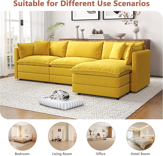Setawix Deep 3 Seater Couch with Ottoman,112.2" L-Shaped Cloud Couches for Living Room,Chenille Cloud Sofa Couch with Deep Seat,Modular Sectional L Shape 3 Seat Sofa for Bedroom (Yellow, 3+1)