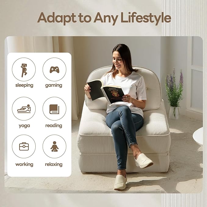Dowinx Folding Sofa Bed with Pillow, Convertible Comfy Couch Bed for Adults Home Lounge and Gaming, Modern Comfortable Design for Apartment Living Room Bedroom, Single, Ribbed Velvet, White