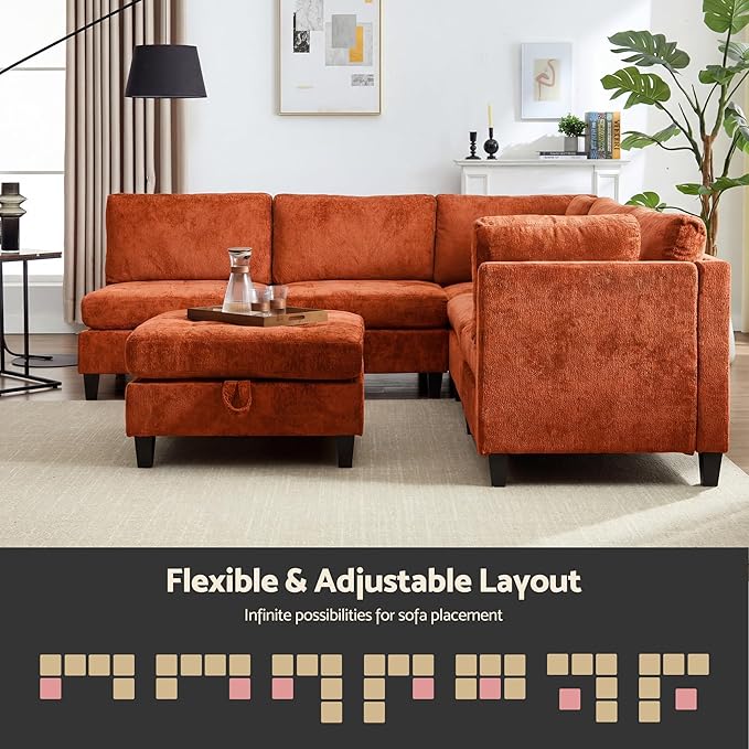 Luxe Oversized Modular Sectional Sofa Set，Modern Chenille Comfy Sectional Cloud Couch for Living Room (5-Seater + 1*Ottoman+ Tea Tray, Orange)
