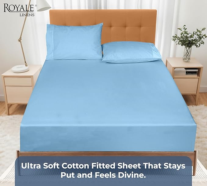 Royale Linens 100% Organic Cotton Fitted Sheet - Percale Weave - Super Soft Deep Pocket Bottom Sheets - Lake Blue Elastic Sheet King Size - King Fitted Sheets Only - (78"x80"+15", Lake Blue)