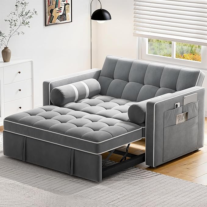 Pipishell 3 in 1 Convertible Sleeper Sofa Bed,Pull Out Couch for Living Room with USB Ports & Side Pockets,Adjustable Backrest,Velvet,Loveseat Sofa Bed,Futon Couches,Black