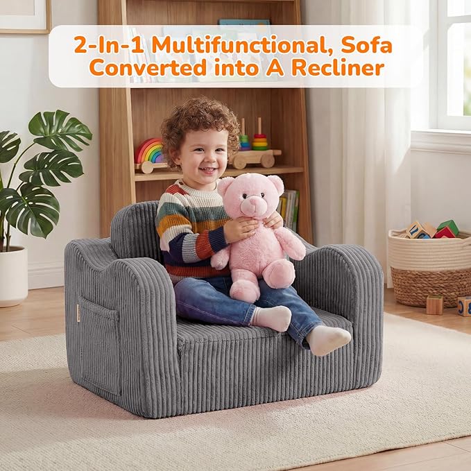 MeMoreCool Toddler Chair Comfy for 1-3 Years Old, Corduroy Kids Couch Bed Fold Out, 2-in-1 Foldable Baby Lounge Chair, Pull Out Children Sofa Bed, Light Grey