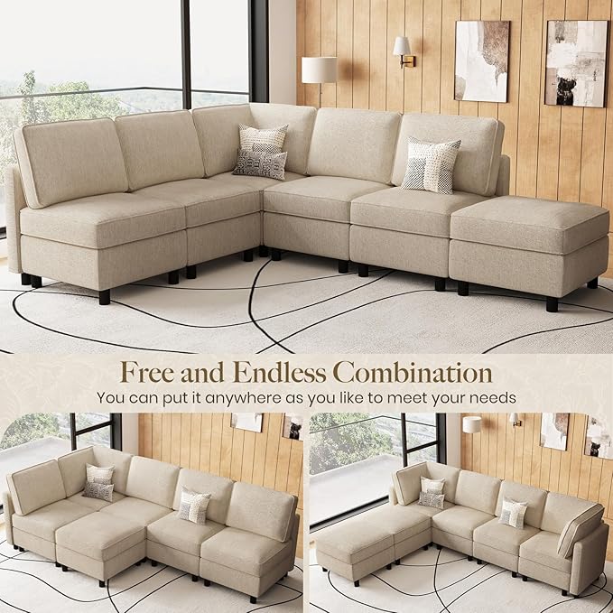 Belffin 107.1" 6 Seats L Shaped Couch Modular Sectional Sofa Seat Couch with Storage Comfy Washable Sectional Couches for Living Room Sofas with Chaise,Beige