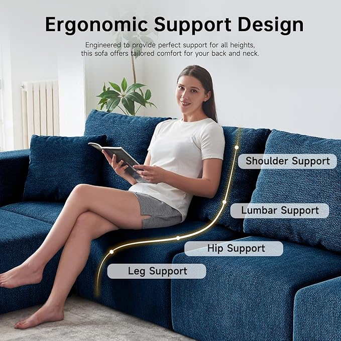 CUGOAO 152'' Oversized 2-in-1 Modular Sectional Sofa Bed, Modern Boneless Couch, Extra Deep Seat Upholstery Cloud Couch, Boneless Couches for Living Room, No Assembly Required, Blue Chenille
