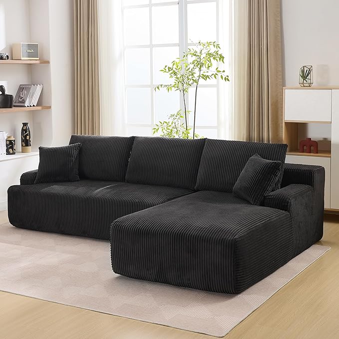 Sectional Cloud Boneless Couch 106" Modern Comfy L-Shape Corner No Assembly Required Convertible Compression Sleeper Modular Sofa with Corduroy Fabric Deep Seat Loveseat + Chaise for Living Room