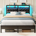 Seventable Full Size Bed Frame with Charging Station & LED Lights, Upholstered Headboard with 2-Tier Storage Shelves, Metal Platform with Under Bed Storage, No Box Spring Needed, Easy Assembly, Black